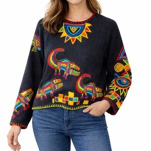 MICHAEL SIMON Vintage Animal Sweater Colorful Embroidered Novelty Folk Art Small